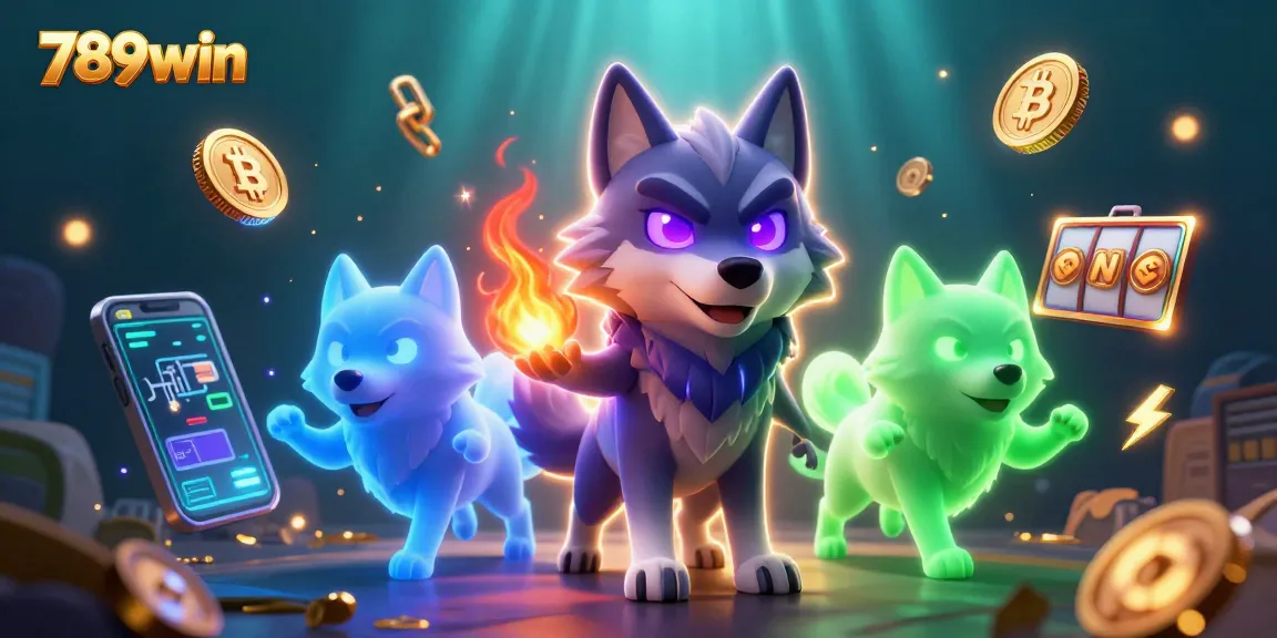 Engage with 789win's vibrant casino scene showcasing a shadow wolf leader amidst glowing crypto coins.