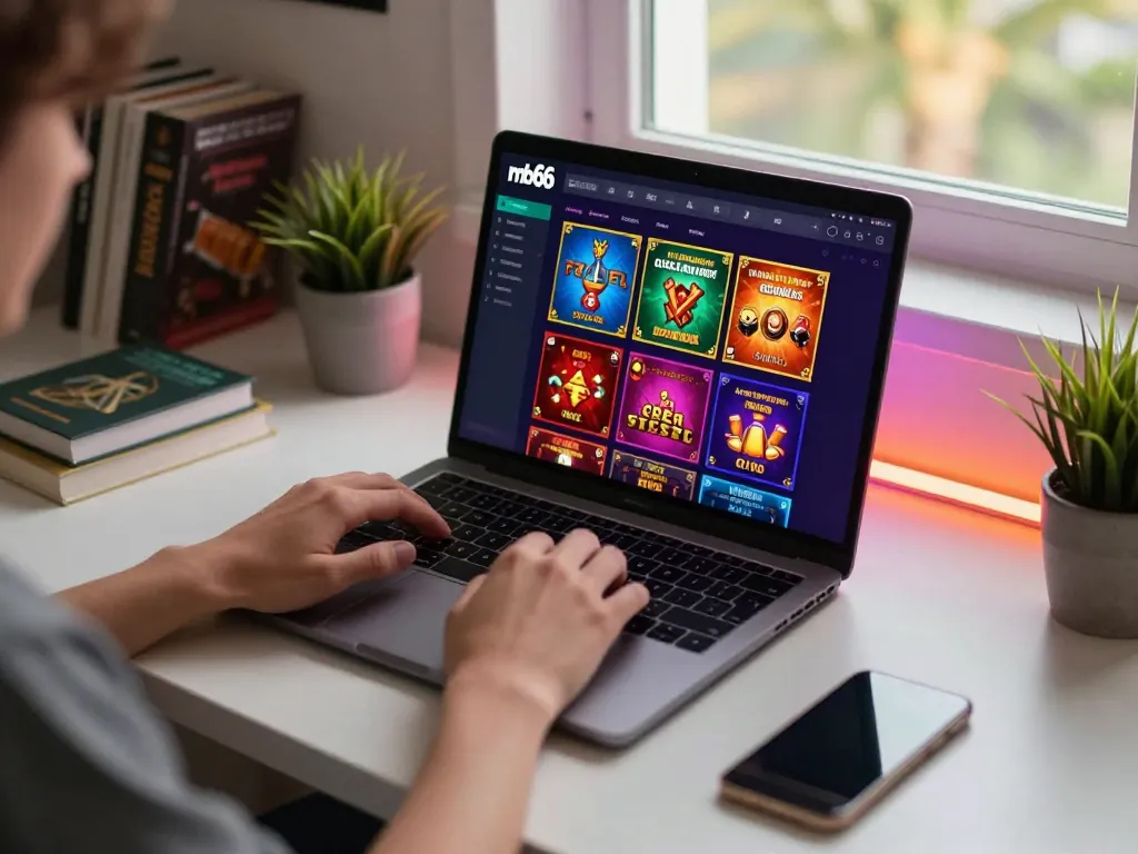 Person engaging with mb66 online casino app on a sleek laptop, showcasing gameplay