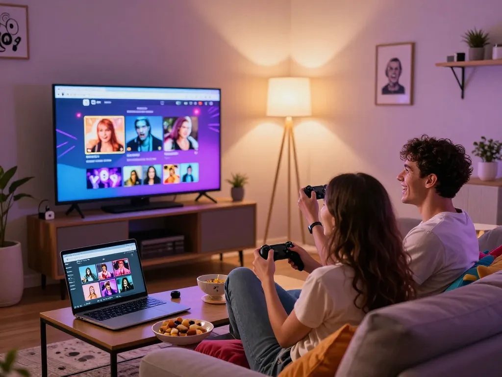Couple enjoying popular sex games in a cozy living room setting, showcasing fun atmosphere.
