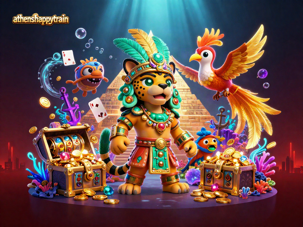Engage with athenshappytrain's vibrant casino world featuring exciting slot elements and treasures!