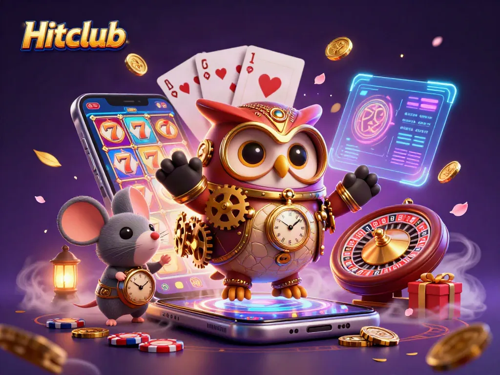 Play and win at Hitclub with a vibrant illustration showcasing dynamic casino elements like spinning slots and poker cards.