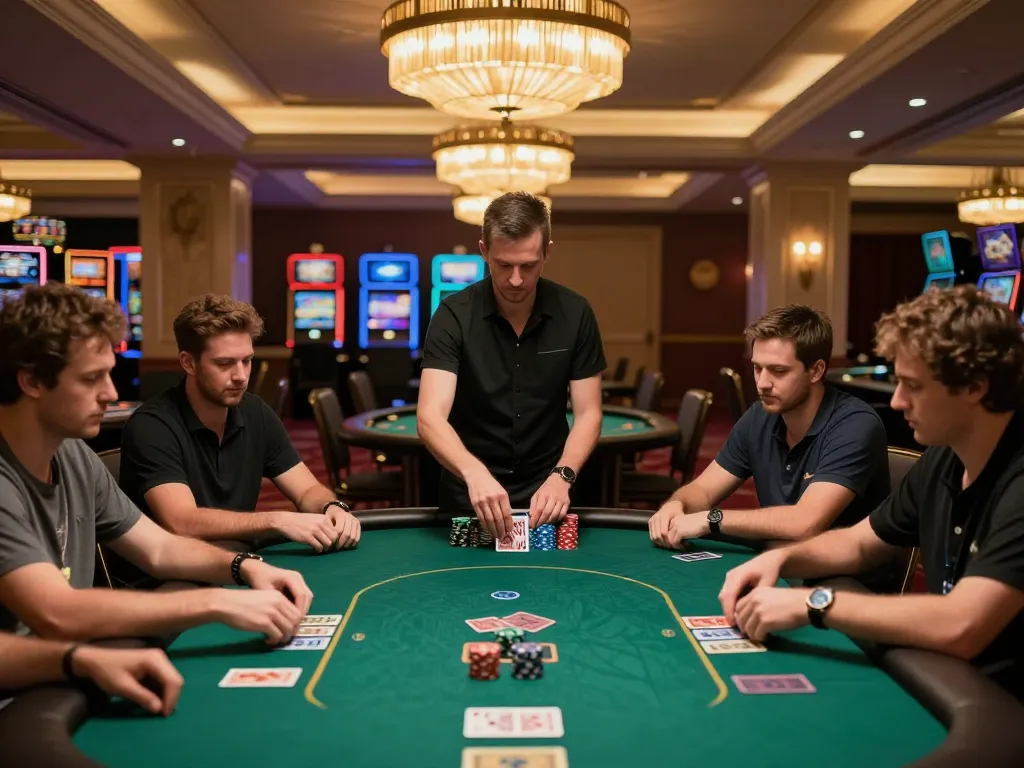 BET88 poker players engaged in strategy during a high-stakes game at an upscale casino