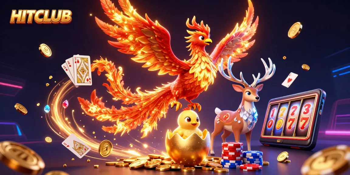 Hitclub showcases a vibrant scene of a phoenix with golden coins and poker elements, enhancing online gaming excitement.