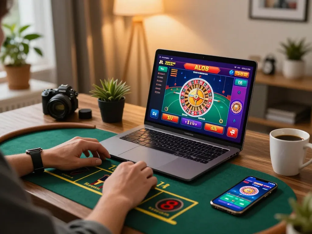 Player engaging in ALO8 live dealer casino game on laptop, showcasing exciting roulette gameplay.