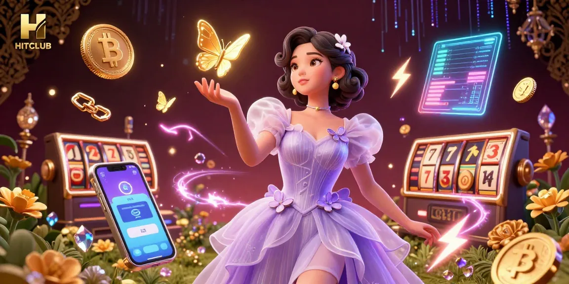 Experience thrilling games at HITCLUB with a stunning visual of a beautiful woman surrounded by vibrant casino elements.