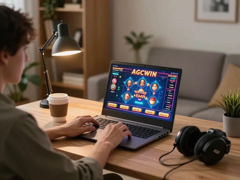 Terlibat dalam permainan kasino online AGCWIN di rumah dengan layar laptop yang cerah dan suasana yang nyaman