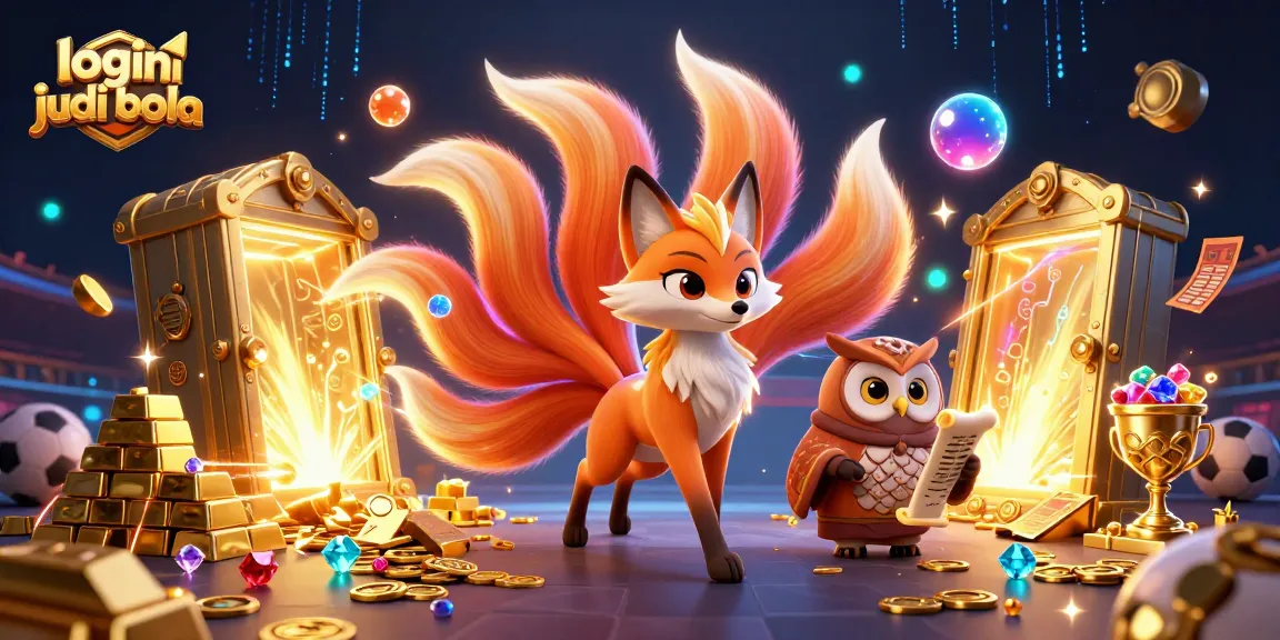 Bet on your future with login judi bola, where a colorful fox spirit and wise owl sage dance amidst treasures and sports betting elements.