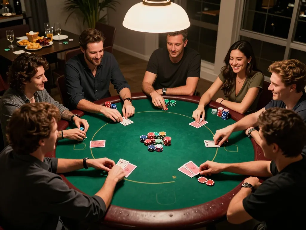 LLWIN players enjoying a lively home poker night with realistic cards and chips