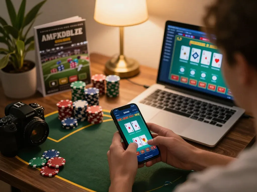 Engaged player enjoying XX88 online casino, with warm ambiance and poker setup showcasing strategic gameplay.