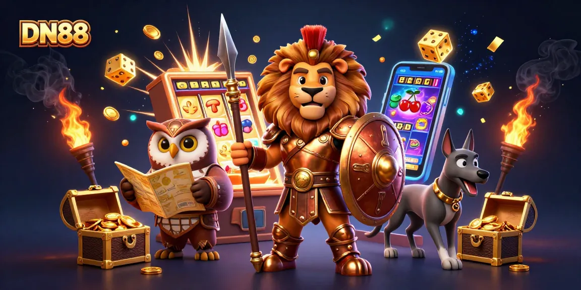 Experience winning at DN88 with a vibrant 3D casino scene featuring characters amidst a jackpot explosion.