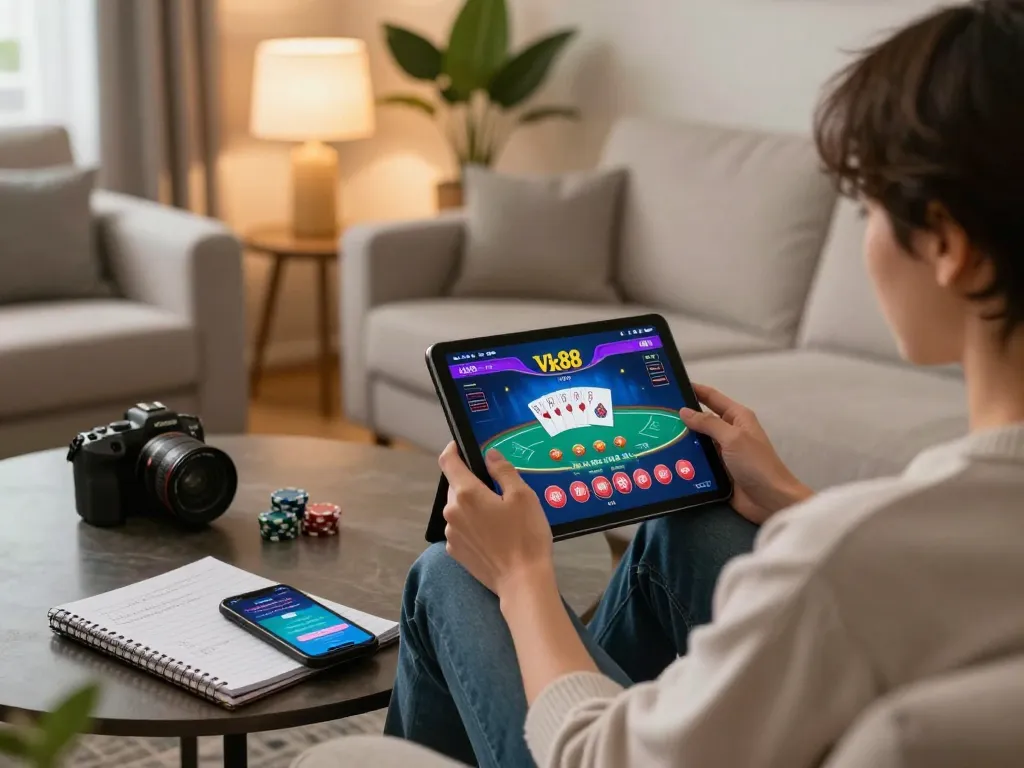 Person gaming with Vk88 uy tín on tablet in a cozy living room, showing poker game interface and strategy notes.