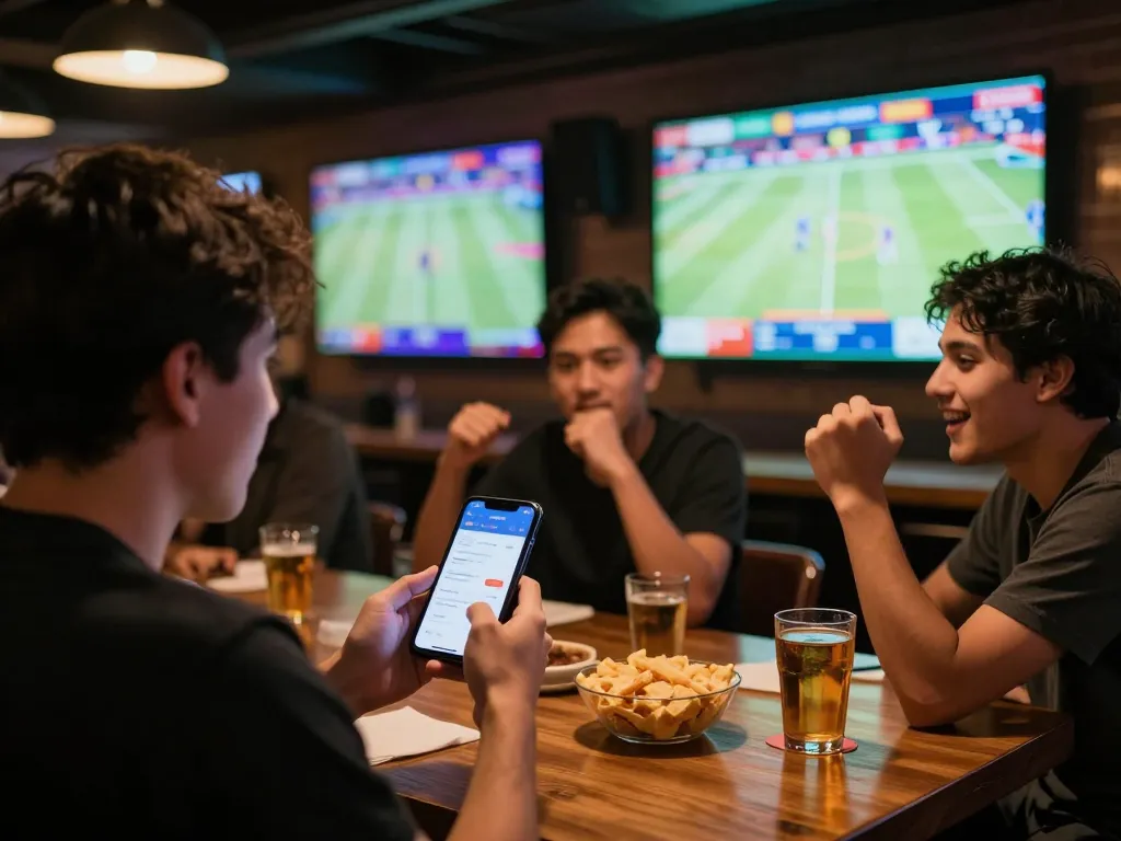 Betting on uu88 app during live sports event with friends in a vibrant sports bar atmosphere