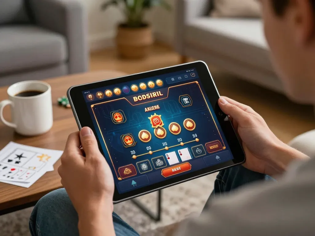 Player engaging in online casino gaming on a tablet, enhanced by comfortable home atmosphere focused on ropatendidafanzine.