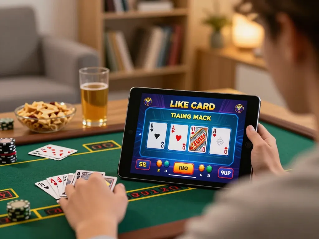 Engaged player on 7-hd using tablet for online casino gaming in cozy living room.