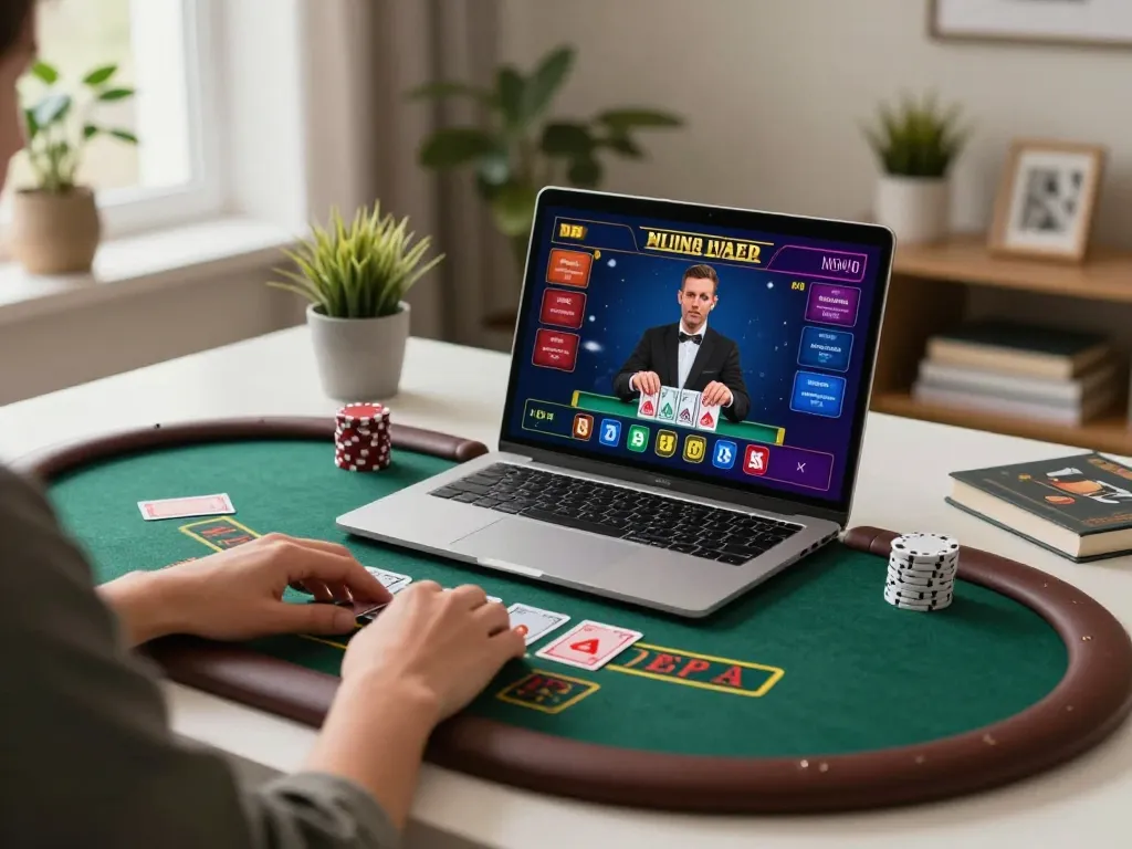 Engaging in live dealer blackjack gaming on 789P, showcasing strategic gameplay in a cozy home setup.