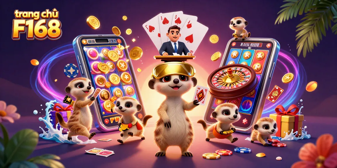 Experience the excitement of trang chủ F168 through a playful meerkat casino scene bursting with vibrant games and fun elements.