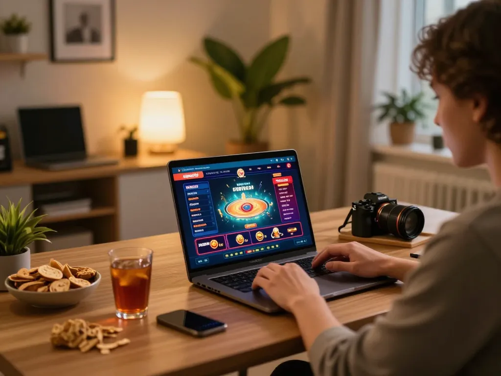 Nohu90 player engaging with vibrant online casino interface at home, showcasing responsible gambling.
