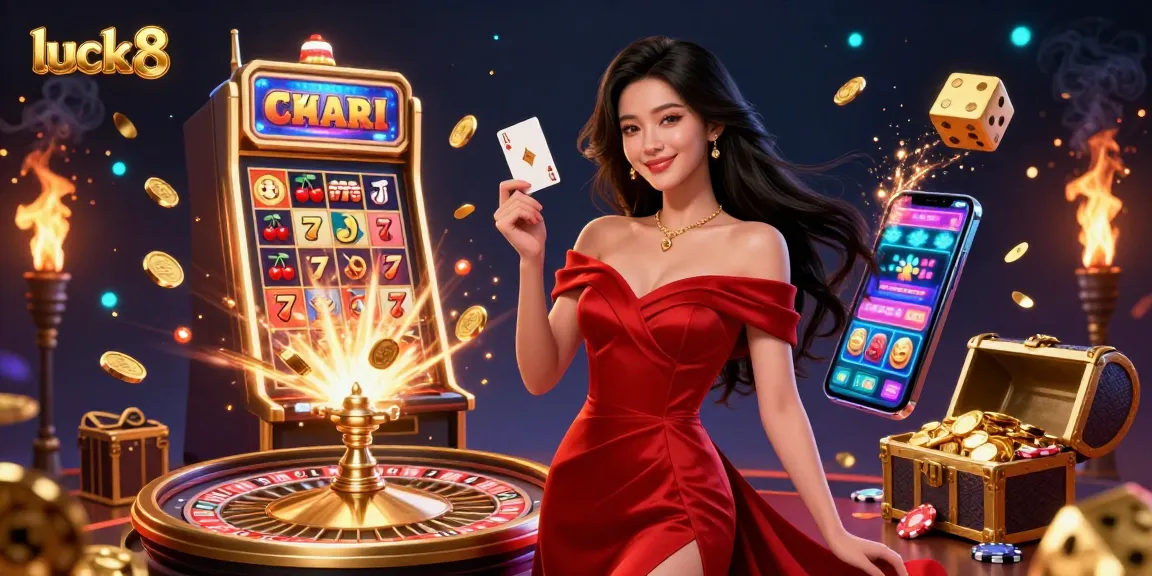 Spin to win with luck 8 at a vibrant casino scene featuring players, roulette, and jackpot elements.
