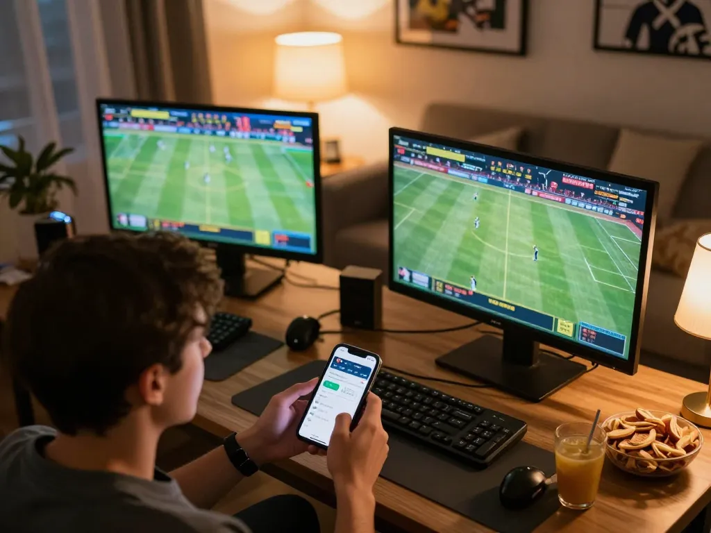 Engaged user placing bets on llwin sports betting app while watching live games at home.
