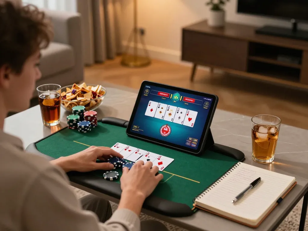 TR88 participant engaging in strategic online poker gameplay at home, showcasing smart betting preparations.