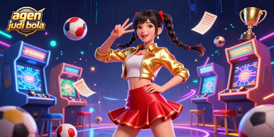Experience agen judi bola with an energetic scene of betting excitement, featuring colorful sports elements and a vibrant character.