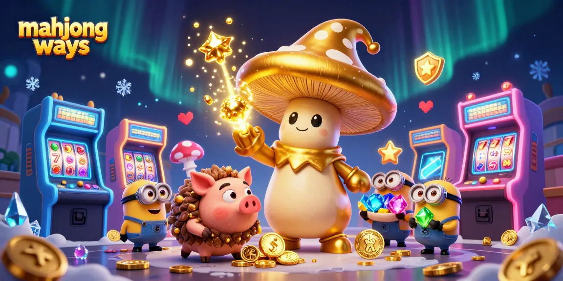 Engage with mahjong ways as the golden mushroom wizard and truffle pig uncover treasure in a lively casino scene.