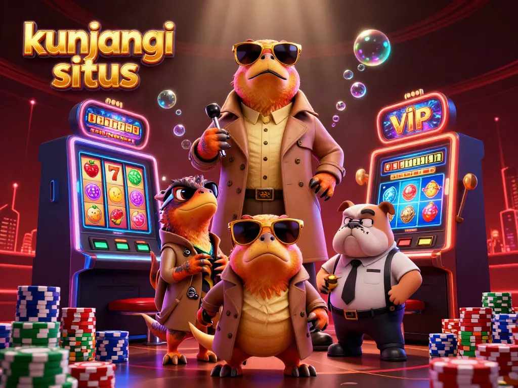 Menggoda para pemain untuk kunjungi situs oleh tiga raptor dalam jas, di luar kasino dengan simbol slot yang menarik.