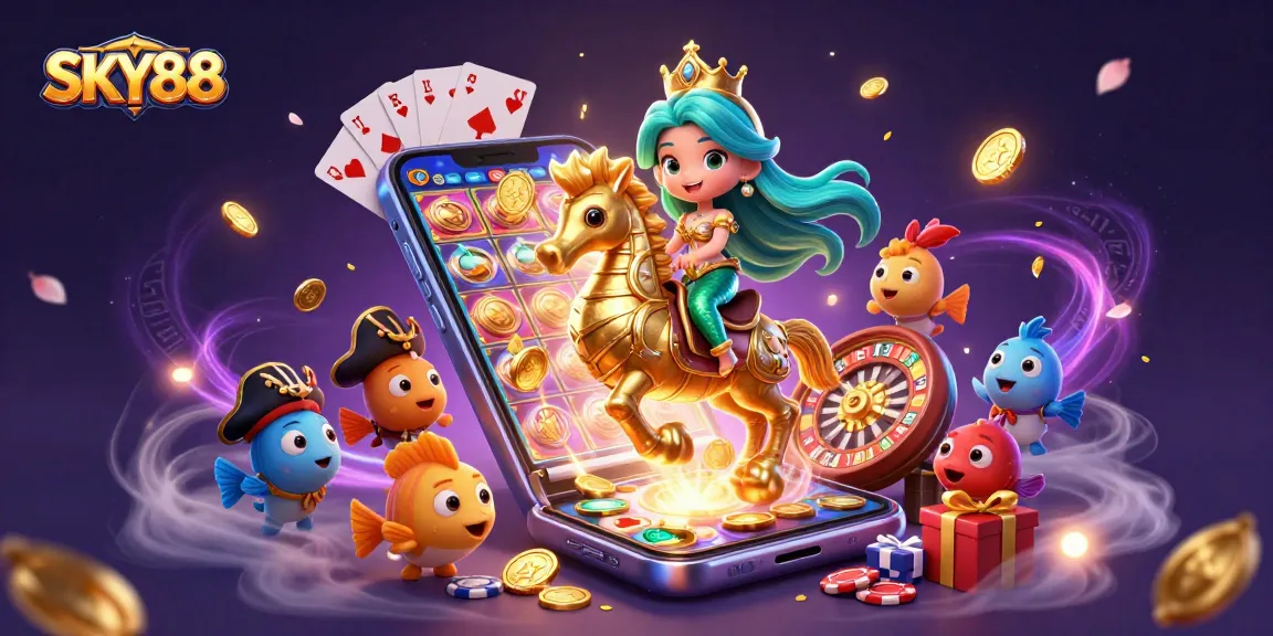 Engage in thrilling slots action with SKY88’s stunning 3D illustration of a mermaid princess and seahorse.