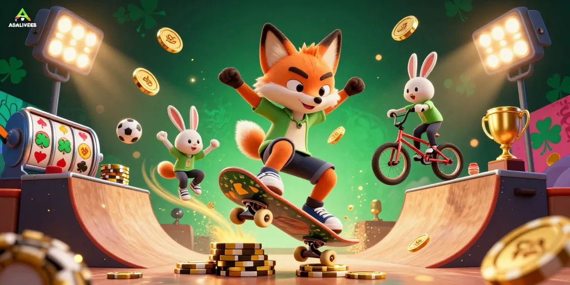 Experience the thrill of ASIALIVE88 with a dynamic gaming scene featuring energetic characters and exciting casino elements.