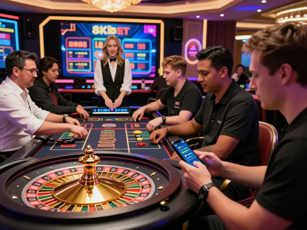 Exciting online gambling scene at 8kbet with players enjoying casino games in a vibrant setting.