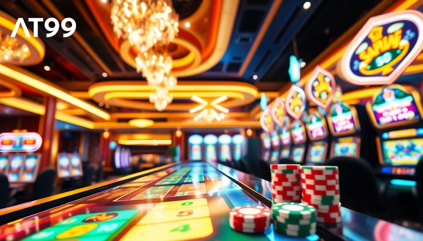 Experience the excitement of AT99娛樂城 with a vibrant casino scene showcasing gaming thrill.