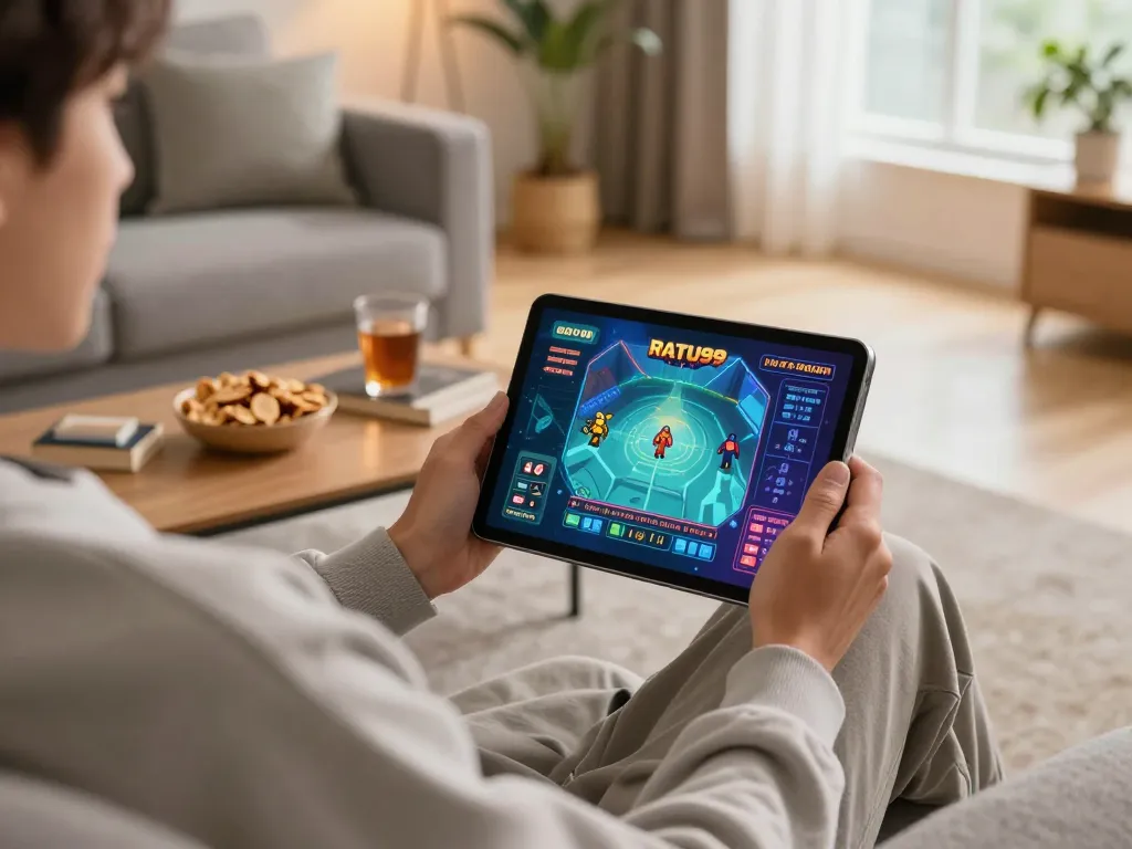 Permainan yang menarik di platform RATU99 dalam suasana rumah yang nyaman dengan camilan dan pencahayaan hangat.