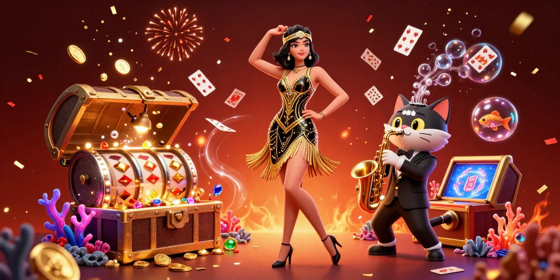 Experience vibrant gaming action at bl555 with lively 3D illustration featuring casino and treasure elements.