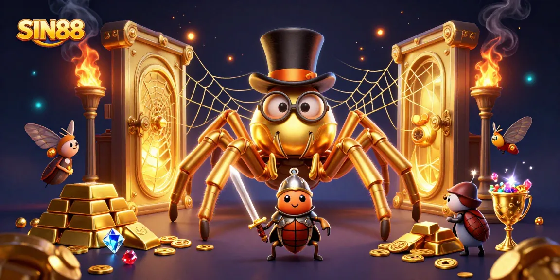 SIN88 showcases a giant golden tarantula and a brave beetle knight amid vibrant casino treasures.