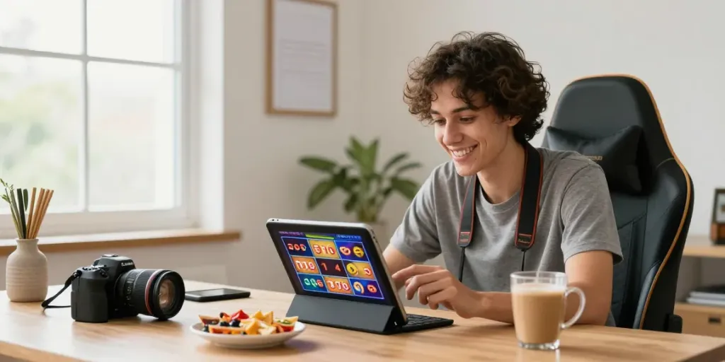 Joyful user playing SLOT TOTO on a tablet in a cozy home setting, vibrant and inviting scene.