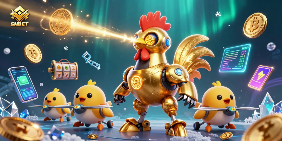 Engage with SHBET gaming action featuring a golden rooster robot and baby chick drones amidst vibrant slot elements.