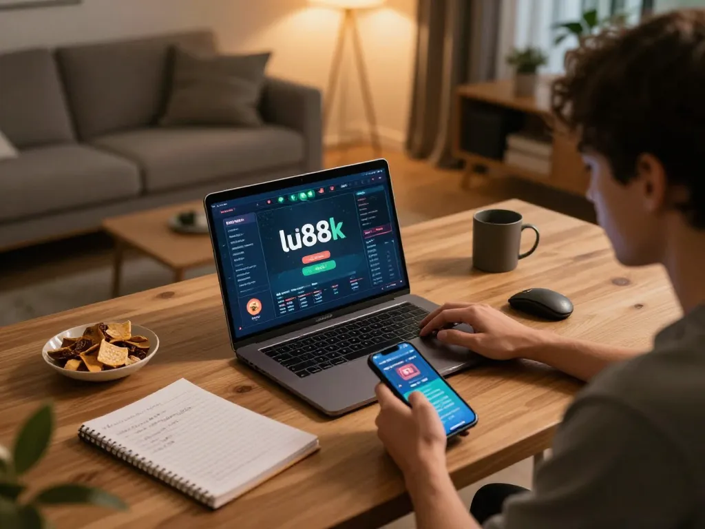 Player using lu88k app on laptop for online gambling in a cozy home setting.