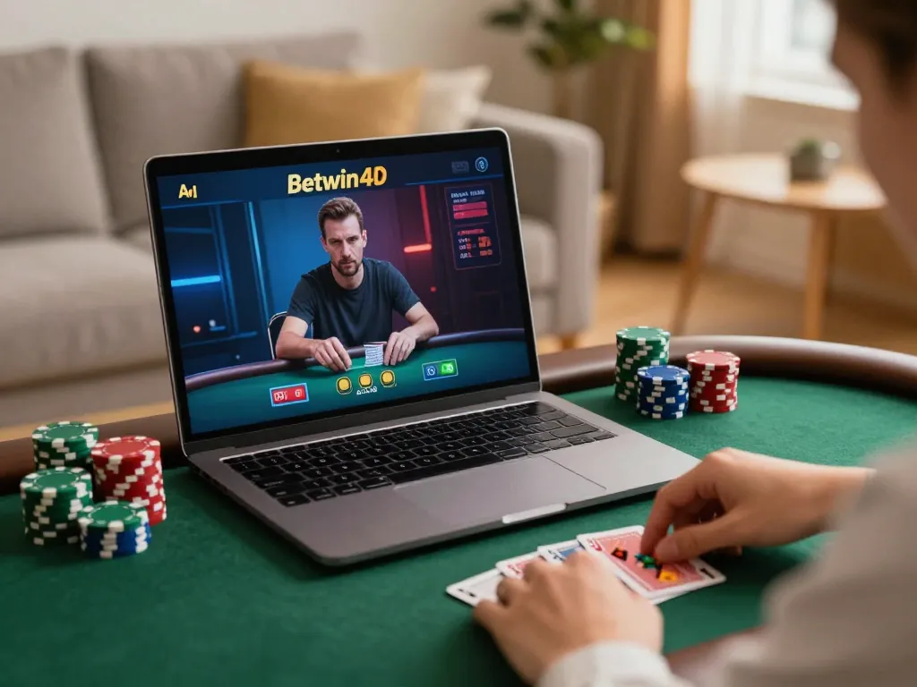 Engaging poker gameplay with Betwin4d on a laptop, highlighting strategic betting in a cozy home setting.