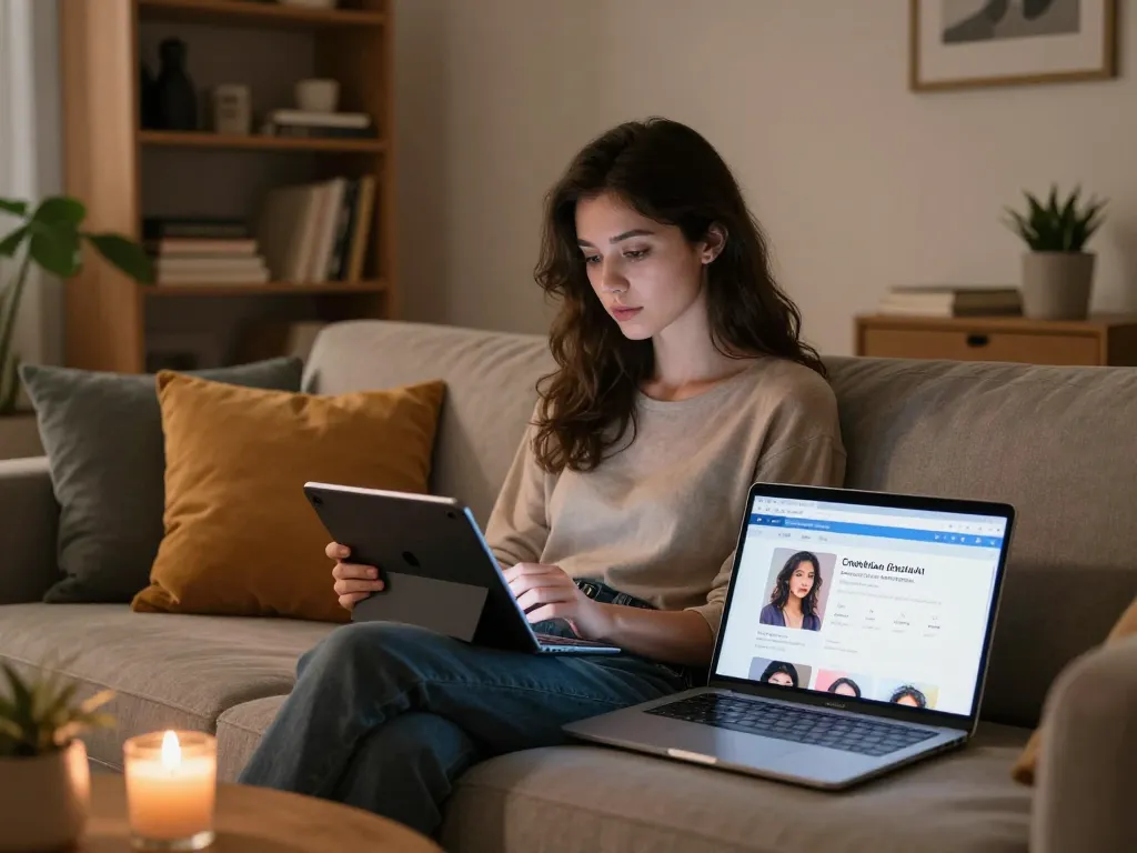 Engaging in ai sex chat on Crushon.AI with a customizable virtual companion in a cozy urban living room.