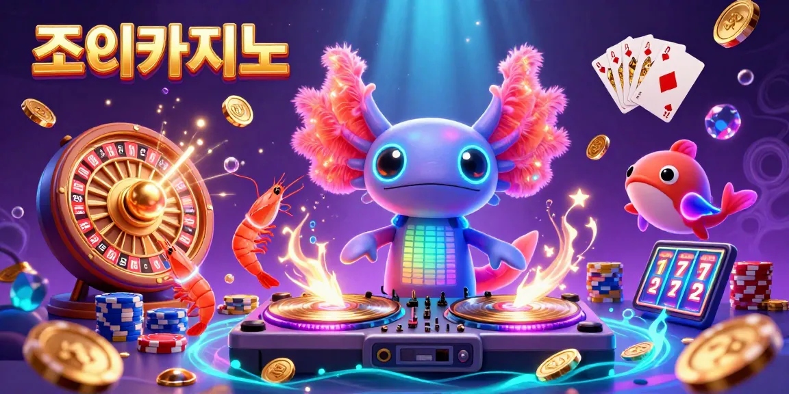Experience the vibrant action of 조이카지노 with lively characters and casino elements in this fun illustration.