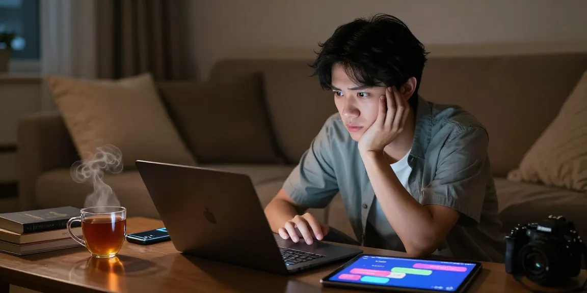 Engaging in ai sex chat on a laptop in a cozy room, featuring warm lighting and intimate surroundings.