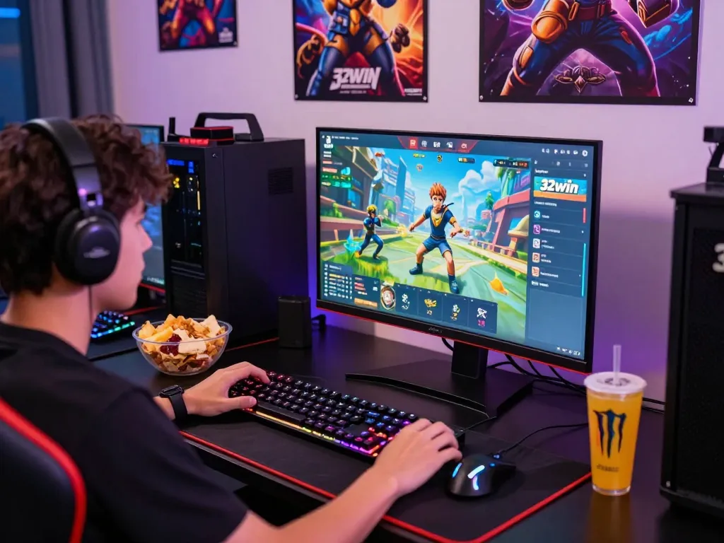 Gamer enjoying the thrilling experience on 32win while surrounded by gaming gear and snacks.