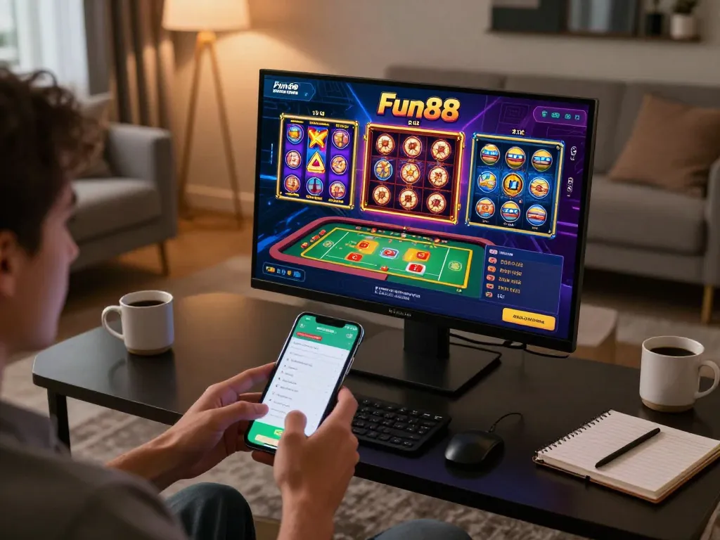 Engaging with the Fun88 mobile app while sitting at home, emphasizing responsible gaming.