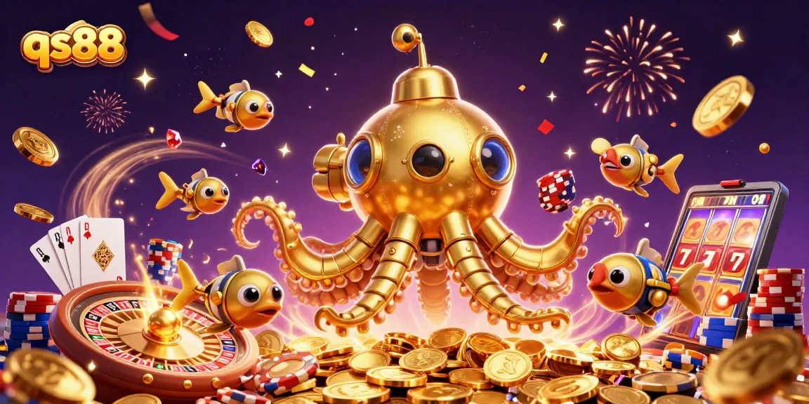 Spin the reels at qs88 with a golden kraken submarine amid overflowing coins and casino excitement.