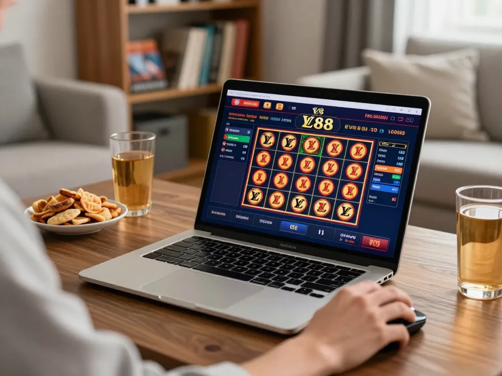 Player engaged in online casino gaming at LV88, featuring vibrant slot games on a laptop in a cozy setup.