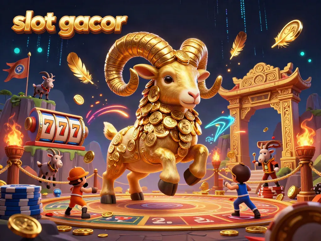 Experience the excitement of slot gacor with a golden ram charging at a jackpot-filled arena, surrounded by exhilarating game elements.