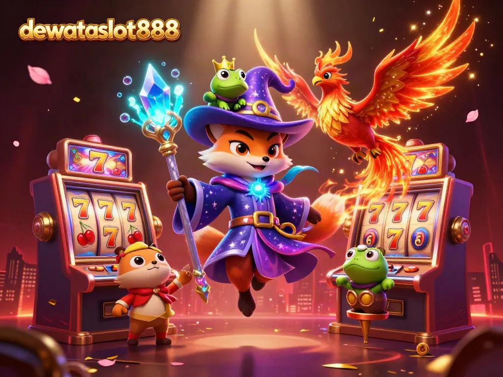dewataslot888 bermain dengan simbol slot dan jackpot yang berkilauan dalam ilustrasi 3D
