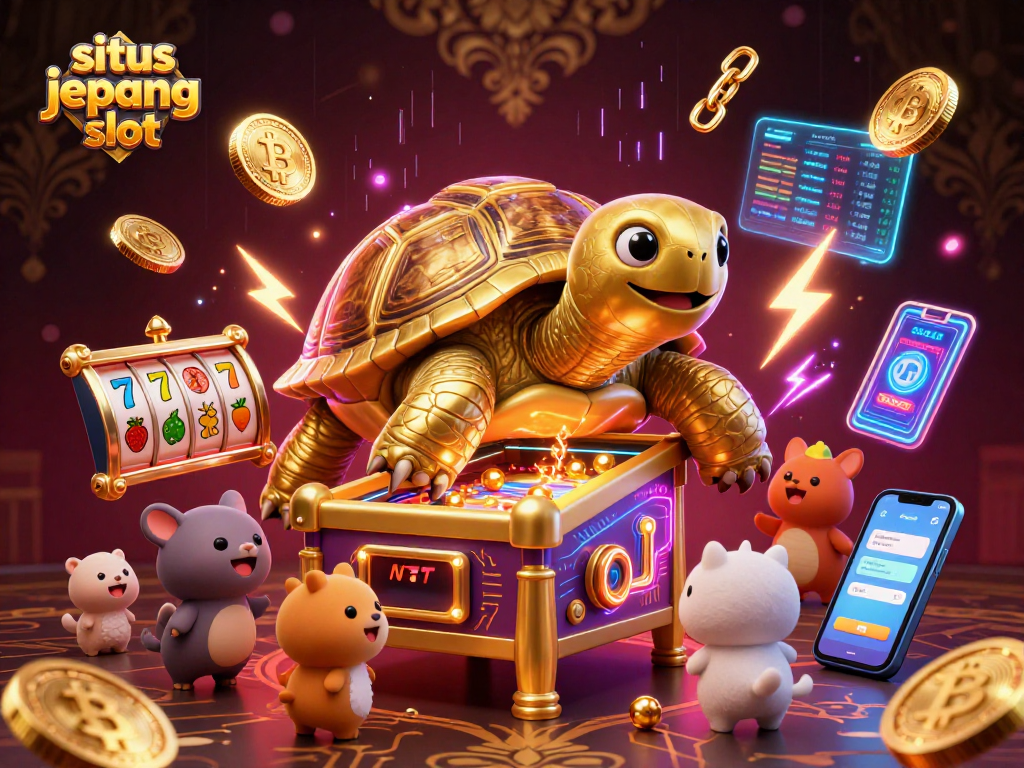 Situs jepang slot features a golden tortoise pinball machine with excited animals, slot elements, and cryptocurrency icons.