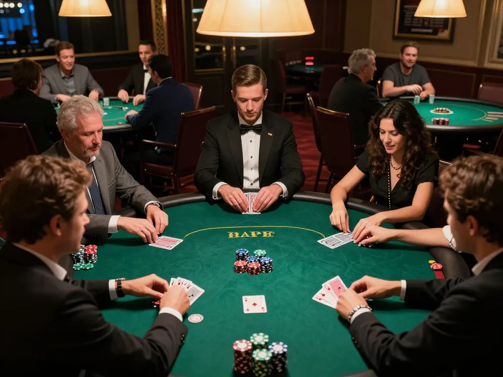 Players gathering around a green felt poker table at GI88, engaged in strategic gameplay with vibrant chips and focused expressions.