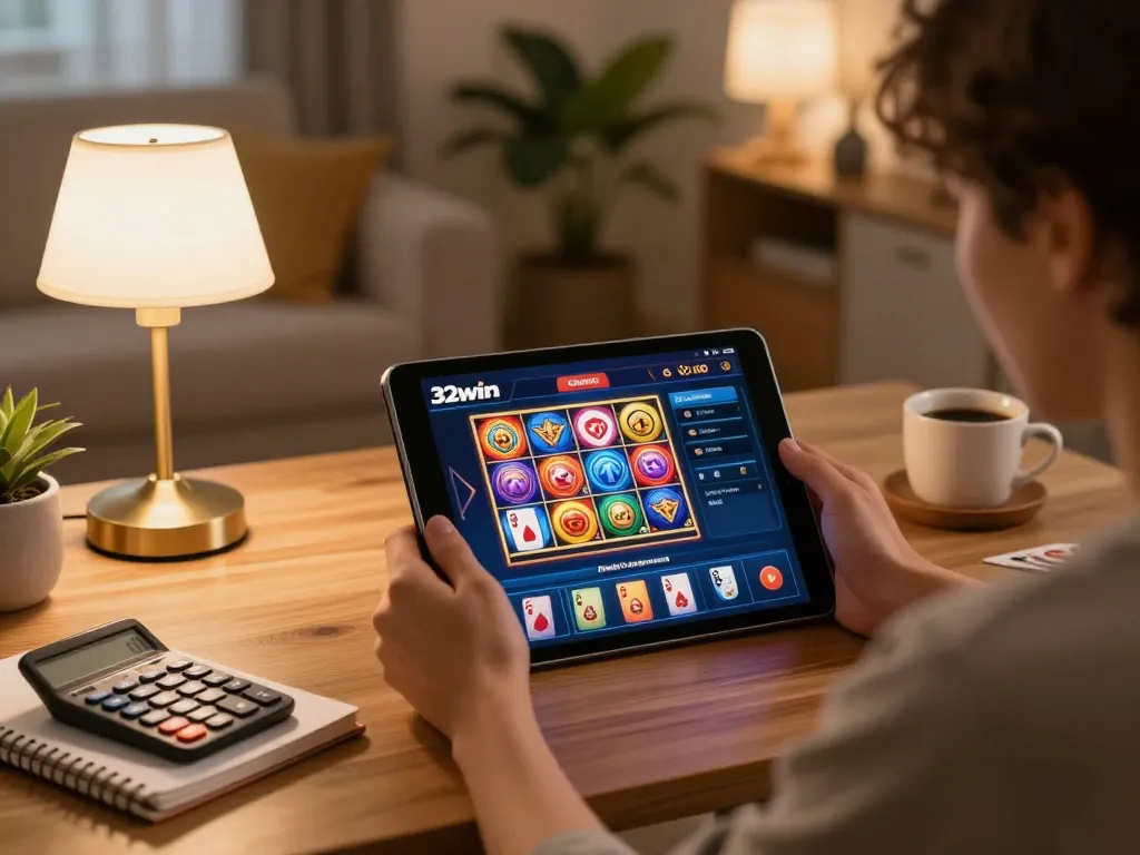 Engaged player enjoying 32win casino slots on a tablet at home with warm lighting.